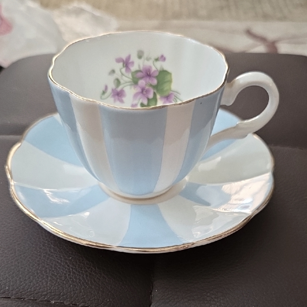Royal Seagrave Fine Bone China, Cup &Saucer. Pale Blue & White Stripes w-Violets